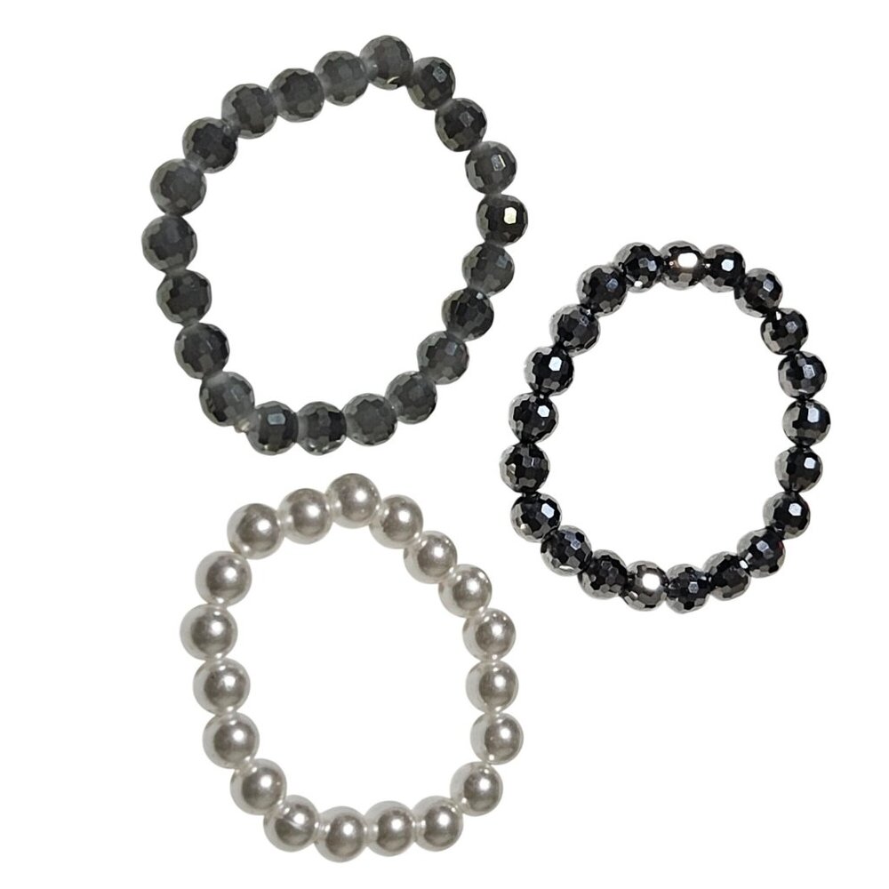 Beaded Stretch Bracelets Faux Pearl Faceted Beads Gray Silver White Set of 3
